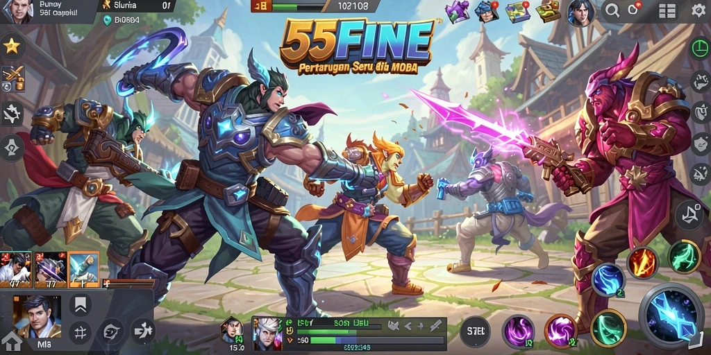 Gameplay seru di dalam 55FIVE dengan pertarungan MOBA.