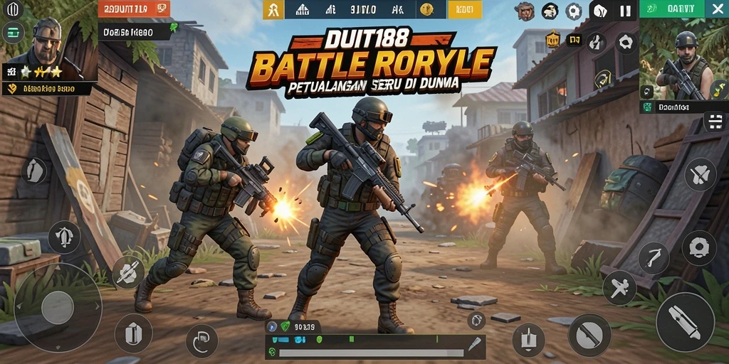 Tangkapan layar utama DUIT188 menampilkan aksi seru di medan perang Battle Royale.