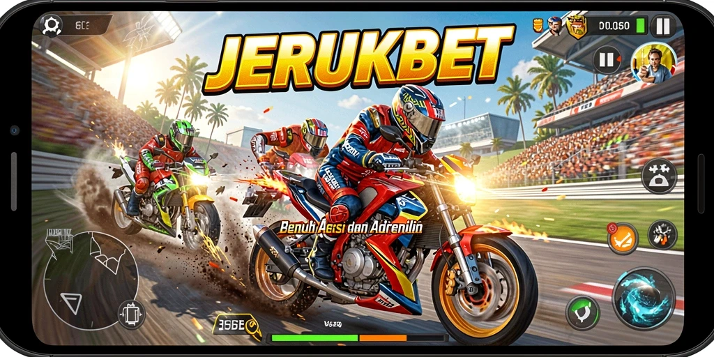 Screenshot gameplay JERUKBET menampilkan balapan motor yang seru dan menegangkan.