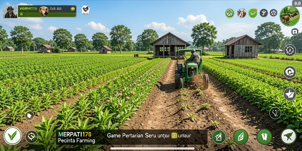 Tangkapan layar utama MERPATI178 menampilkan aktivitas bertani yang seru.